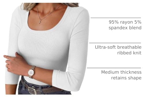 GKBK Womens 3/4 Sleeve Scoop Neck Tops Ribbed Knit Slim Fitted Casual Basic Tee Shirts 2026 Summer Fashion Trendy Work Casual T-Shirt Workout Outfits Thermal Undershirts Layering Clothes White M - Thumbnail 4