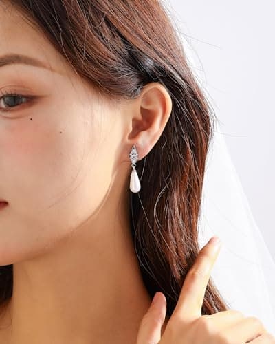 Pearl Earrings for Women, Hypoallergenic Silver Cubic Zirconia Pearl Dangle Earrings Bridal Shower Gifts Wedding jewelry for Women - Thumbnail 3