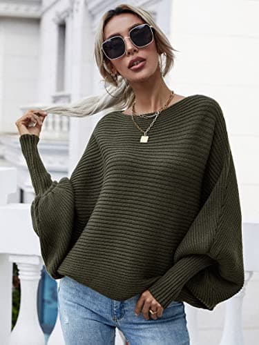 ECOWISH Sweaters for Women Batwing Sleeve Oversized Dropped Shoulder Ribbed Cuff Knit Solid Pullover Sweater 243 Army Green Small - Thumbnail 2