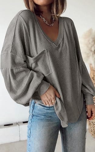 BTFBM Womens Fall Fashion 2026 Long Sleeve Shirts Casual V Neck Ribbed Knit Blouses Pullover Trendy Loose Fit Tunic Tops(Solid Grey, Small) - Thumbnail 2