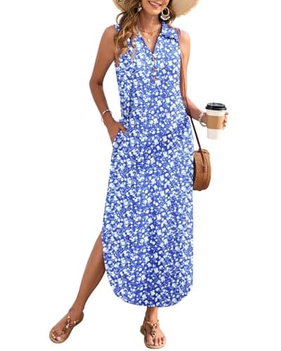 MOLERANI Women's Floral Dress Summer Beach Vacation Long Dress Lapel V Neck Casual Tank Maxi Sundress with Pockets 2026 Boho Dresses Loose Fit, Blue White Flower, M - Image 1