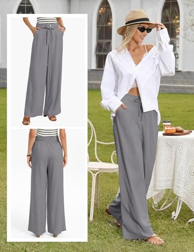 GRACE KARIN Linen Pants Women,Elastic High Waist Wide Leg Pants with Pockets,Comfy Beach Vacation Trousers Gray - Thumbnail 2