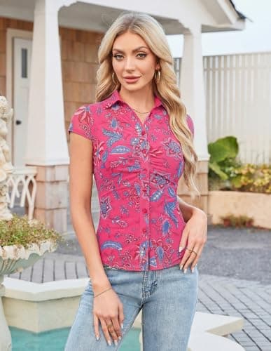 GRACE KARIN Women Mesh Boho Top Dressy Casual Short Sleeve Button Down Collared Shirt 2026 Floral Blouse Rose Red Large - Thumbnail 2
