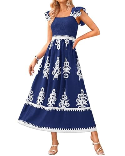 BTFBM Summer Dresses for Women 2026 Floral Smocked Boho Sleeveless Square Neck A Line Casual Beach Maxi Dress Pockets(Dark Blue White Flower, XX-Large) - Image 1