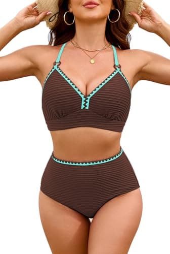 Pink Queen 2026 Women's High Waisted Bikini Sets Two Piece Swimsuit Color Block High Cut Bathing Suits Brown XL - Image 1