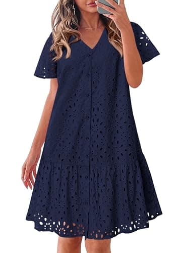 KIRUNDO Eyelet Dresses for Women 2026 Spring Summer Short Sleeve Button Down Loose Mini Babydoll Dress Beach Vacation Clothes(Navy Blue, X-Large) - Image 1