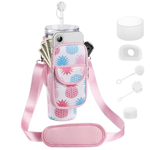 BOCMTR Water Bottle Holder with Strap for Stanley 30/40 oz Tumbler, Fashion Stanley Cup Bag with Big Phone Pocket, Silicone Boot, Straw Cover & Leak Proof Stoppers (Pineapple)