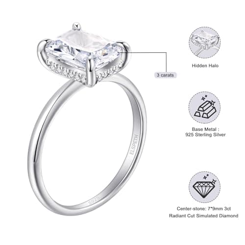 Elspeth 3CT Radiant Cut Engagement Ring 925 Sterling Silver Cubic Zirconia Hidden Halo Solitaire for Women Wedding Promise Ring Size 6.5 - Thumbnail 6