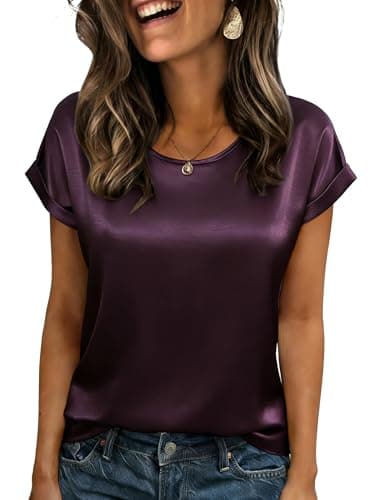 Rioofinx Satin Silk Blouse Satin Tops for Women Trendy Business Casual Blouses Shirts for Women Trendy Purple XXL - Image 1
