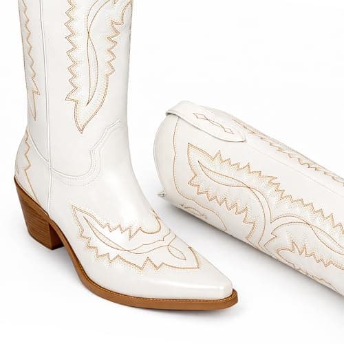 LeunDen White Cowboy Boots for Women, Knee High Cowgirl Boots Women with Pointed Toe, Block Heel Embroidery Western Boots Tall Long Boots Size 7.5 - Thumbnail 5