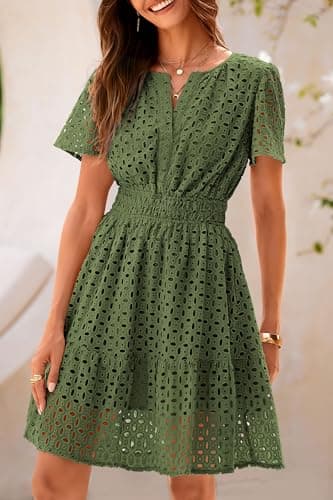 PRETTYGARDEN Womens 2026 Summer Short Dress V Neck Short Sleeve A Line Hollow Out Lace Cute Casual Beach Party Spring Dresses (Army Green,Medium) - Thumbnail 6