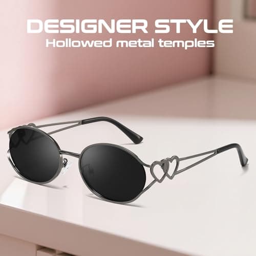 SODQW Retro Oval Sunglasses for Women Trendy Metal Frame Round Designer Sun Glasses with Heart Accents UV Protection - Thumbnail 6