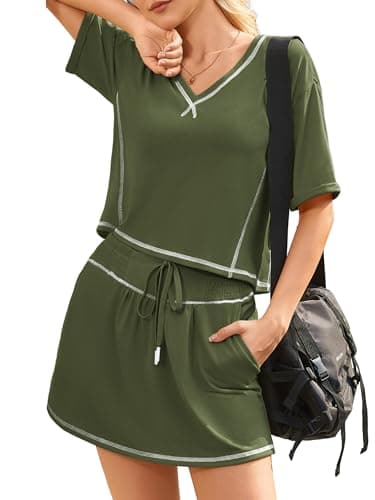 Alealiy Womens 2 Piece Outfits Summer Skirt Sets Casual Short Sleeve Tops Matching Skort Going Out Lounge Set Army Green L - Image 1