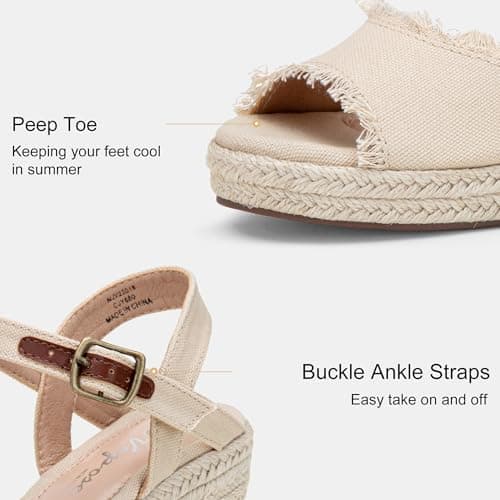 Vepose Women's Wedge Sandals Peep Toe, 3.3" Inch High Heel Platform Espadrilles Sandals, 880 - Natural, Size 8.5 US - with Ankle Buckle (CJY880 Natural 08.5) - Thumbnail 6