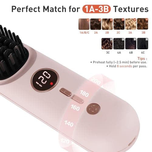 TANSHINE Cordless Hair Straightener Brush with 6000mAh Battery, Negative Ions & LCD Display - Portable Straightening Comb for Travel,Rechargeable Mini Hot Straightening Comb for Women,Pink - Thumbnail 5