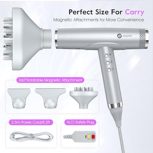 slopehill Hair Dryer - Professional Ionic Hairdryer, High-Speed Blow Dryer for Fast Drying, Home & Salon & Travel, Low Noise, Lightweight Compact Ceramic Blowdryer - Thumbnail 5