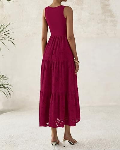 BTFBM Women Summer Eyelet Midi Dresses Casual Spring 2026 Sleeveless A Line Flowy Vacation Beach Wedding Guest Sun Dress(Dark Red, Small) - Thumbnail 4
