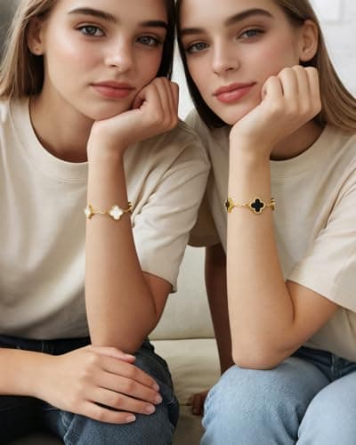 Aimétte Monette 18K Gold Bracelets for Women Non Tarnish, Four Leaf Clover Bracelet Double-sided, Gold Plated Bracelets, Charm Bracelets for Women Trendy, White Jewlery Gifts - Thumbnail 3