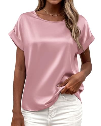 BTFBM Womens Summer Tops Satin Blouses Dressy Casual Loose Crewneck Short Sleeve Shirts 2026 Work Business Outfits(Pink, XX-Large) - Image 1