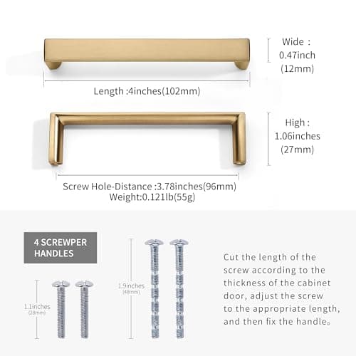 Synkylux 10 Pack Brushed Brass Cabinet Pulls 3-3/4-inch(96mm) Hole Center Kitchen Cabient Hardware Gold Cabinet Handles Drawer Pulls,Cabinet Pulls,Cupboards, Dressers and Square Solid Metal Hardware - Thumbnail 2