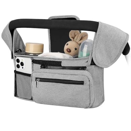 HFLYJPYW Universal Stroller Organizer with Insulated Cup Holder Detachable Phone Bag and Carry Strap Fits Uppababy, Baby Jogger, Britax, BOB, Umbrella and Pet Stroller and more (Light gray) - Image 1