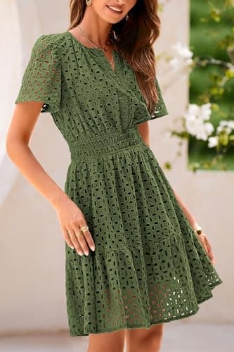 PRETTYGARDEN Womens 2026 Summer Short Dress V Neck Short Sleeve A Line Hollow Out Lace Cute Casual Beach Party Spring Dresses (Army Green,Medium) - Thumbnail 3
