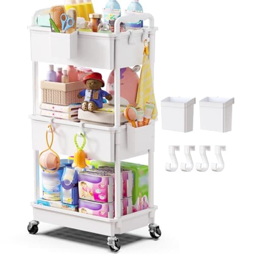 Goovilla Diaper Cart with Lockable Wheels and Easy Assembly, 3 Tier White Rolling Cart for Baby Nursery Storage, Sturdy Ample Diaper Caddy Organizer for Baby Girl, Boy, New Mom, Newborn Essentials - Image 1