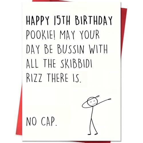 VDOR 15th Funny Birthday Card: Standard 8x5.3in Greeting Gift with Meme Humor and Teen Slang for 15 Year Old Boy Girl Son Daughter Family Celebration