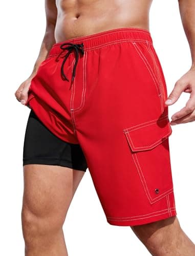 SILKWORLD 2 in 1 Men's Swim Trunks Cargo Pockets Swimming Shorts 9 in Summer Bathing Suits for Beach, Pool, Vacations, Red, Medium - Image 1