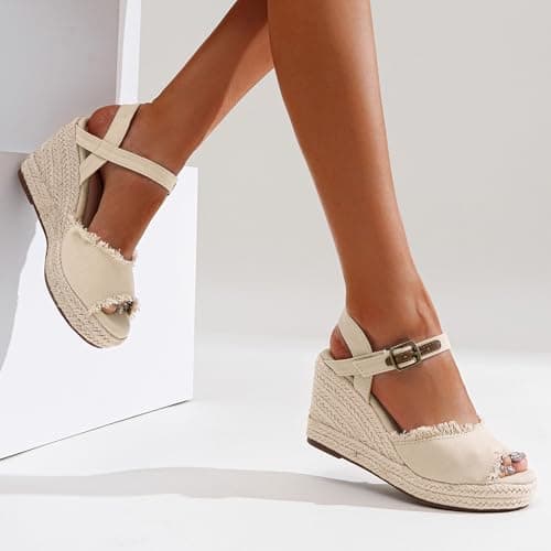Vepose Women's Wedge Sandals Peep Toe, 3.3" Inch High Heel Platform Espadrilles Sandals, 880 - Natural, Size 8.5 US - with Ankle Buckle (CJY880 Natural 08.5) - Thumbnail 2