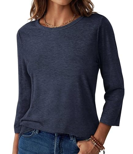 GKBK Womens Tops 3/4 Sleeve Shirts Round Neck Casual Blouses Basic Loose Fit Pullover Tshirts Navyblue L - Thumbnail 2
