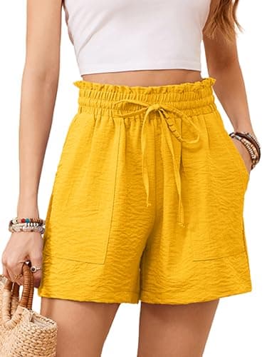 KORSIS Women Shorts High Waist Elastic Summer Lounge Casual Beach Vacation Work Loose Trousers with Pockets Yellow XL - Image 1