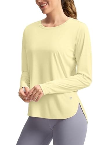 Women's Sun Shirts UPF 50+ Long Sleeve UV Protection Shirt Lightweight Quick Dry Workout Hiking Tops for Women(Light Yellow,L) - Image 1