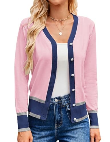 GRACE KARIN Summer Cardigans for Women Lightweight Long Sleeve Sweater Button Up Cardigan Sweater (Pink Navy,S) - Image 1