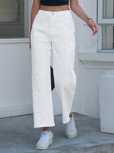 PEIHOT Wide Leg Jeans for Women High Waisted Straight Leg Stretchy Jeans Seamed Paneling Denim Pants Fall White - Thumbnail 3