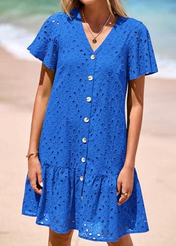 KIRUNDO Eyelet Dresses for Women 2026 Spring Summer Short Sleeve Button Down Loose Mini Babydoll Dress Beach Vacation Clothes(Blue, XX-Large) - Thumbnail 4