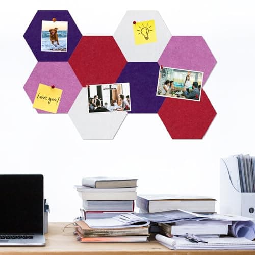 HULAVO Large Hexagon Felt Cork Board Tiles, Self Adhesive DIY Felt Bulletin Board Pin Board with 35 Pushpins for Office School Home Wall Decor(Purple+Light Purple+Deep Red) - Thumbnail 2