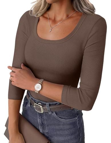 GKBK Womens 3/4 Sleeve Scoop Neck Tops Ribbed Knit Slim Fitted Casual Basic Tee Shirts 2026 Summer Fashion Trendy Work Casual T-Shirt Workout Outfits Thermal Undershirts Layering Clothes Brown S - Image 1
