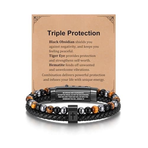 Cross Bracelet for Men Him - Triple Protection Hematite Black Obsidian Tiger Eye Beaded Bracelets, Faith Religious Happy Easter Catholic Christian Communion Baptism Gift Easter Basket Stuffers - Image 1