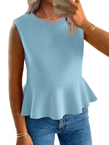 Tankaneo Womens Summer Tank Tops Sleeveless Ribbed Knit Babydoll Peplum Tops Work Business Casual Shirts Blouses Light Blue - Image 1