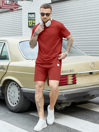 JEMLDL Men's 2 Piece Outfit Summer Set Loungewear Comfortable Home Short Sleeve Shirt & Shorts Casual Sweatsuit Red XXL - Thumbnail 6