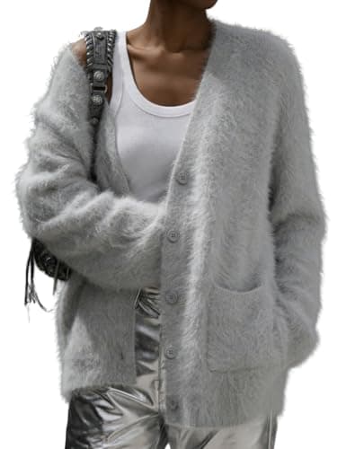 Women's Fuzzy Cardigan V Neck Long Sleeve Button Down Slouchy Furry Sweaters Chunky Knit Mohair Sweater Coat(Grey-S) - Image 1