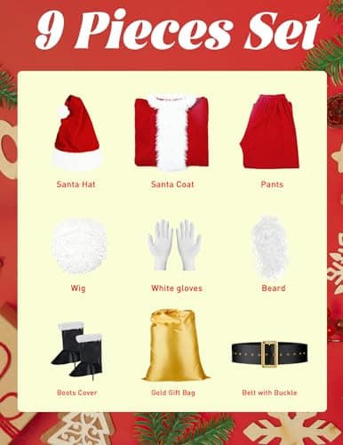 DressVoguer Santa Claus Costume for Men 9-Piece - Deluxe Santa Suit with Hat, Christmas Party Costume for Men Adult Santa Outfit XL - Thumbnail 3