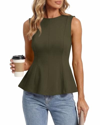 BTFBM Womens Summer Tops 2026 Business Casual Outfits Crew Neck Sleeveless Shirts Slim Fit Peplum Tank Top(Dark Army Green, X-Large) - Image 1