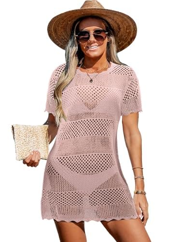 StunShow White Beach Cover Up Dress Swimsuit Cover Ups for Women Beach Outfits Crochet LightPink XXL - Image 1