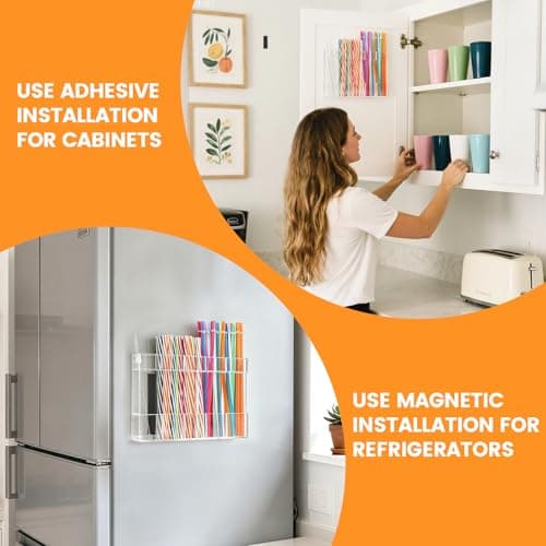 Seaflash Acrylic Magnetic Straw Holder, Straw Organizer Dispenser with Two Pieces Magnet Sheets, Drinking Straw Storage Holder for Cabinet Door Fridge Counter Kitchen Office (Transparent) - Thumbnail 3