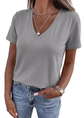 KIRUNDO V Neck T Shirts for Women Summer Tops Oversized Spring Short Sleeve Casual Basic Tees Tunic Blouse Fashion Clothing(Grey, Medium) - Image 1