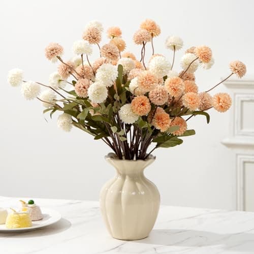 trytuny Fake Fall Flowers for Vase, Faux Silk Kiku Mums, Artificial Pom pom Floral Bouquets Indoor Centerpiece Office Coffee Table Boho Home Decorations (9, Mixed Cream)