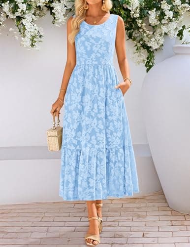 ZESICA Women‘s Summer Floral Bridal Shower Midi Dress Sun Dresses for Women 2026 Vacation Casual Flowy Sundress Light Blue S - Thumbnail 2