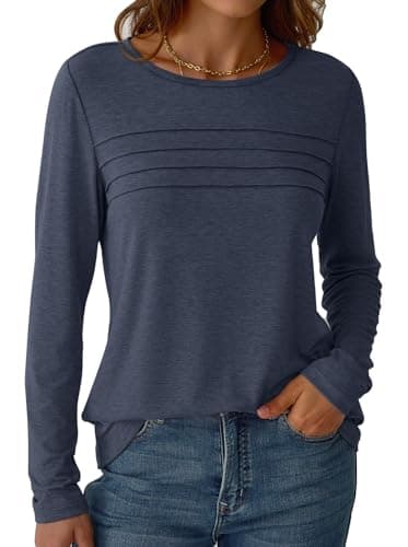 NORACORA Women's Long Sleeve Tops Crew Neck Casual Tunics Dressy Pleated Front T Shirts Business Blouses 2025 Spring Fall Outfits Pullover Tshirts Navyblue XXL - Thumbnail 3